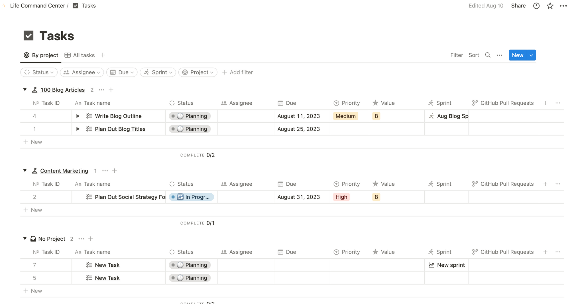 Notion Life Command Center Tasks