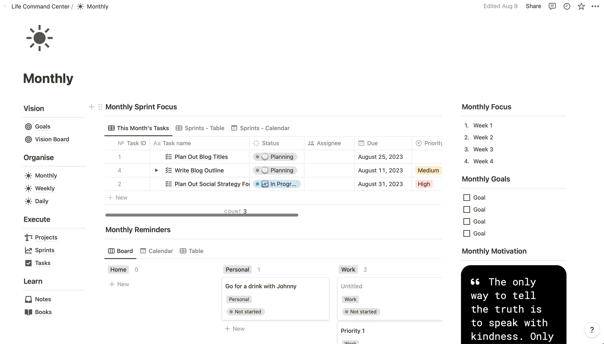 Notion Life Command Center Monthly Planner