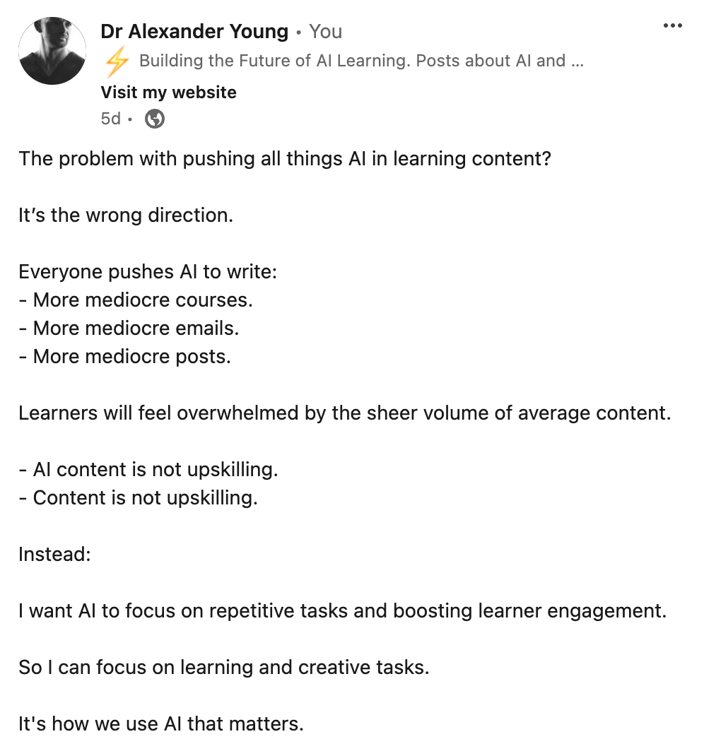 Dr Alex Young LinkedIn Post on AI